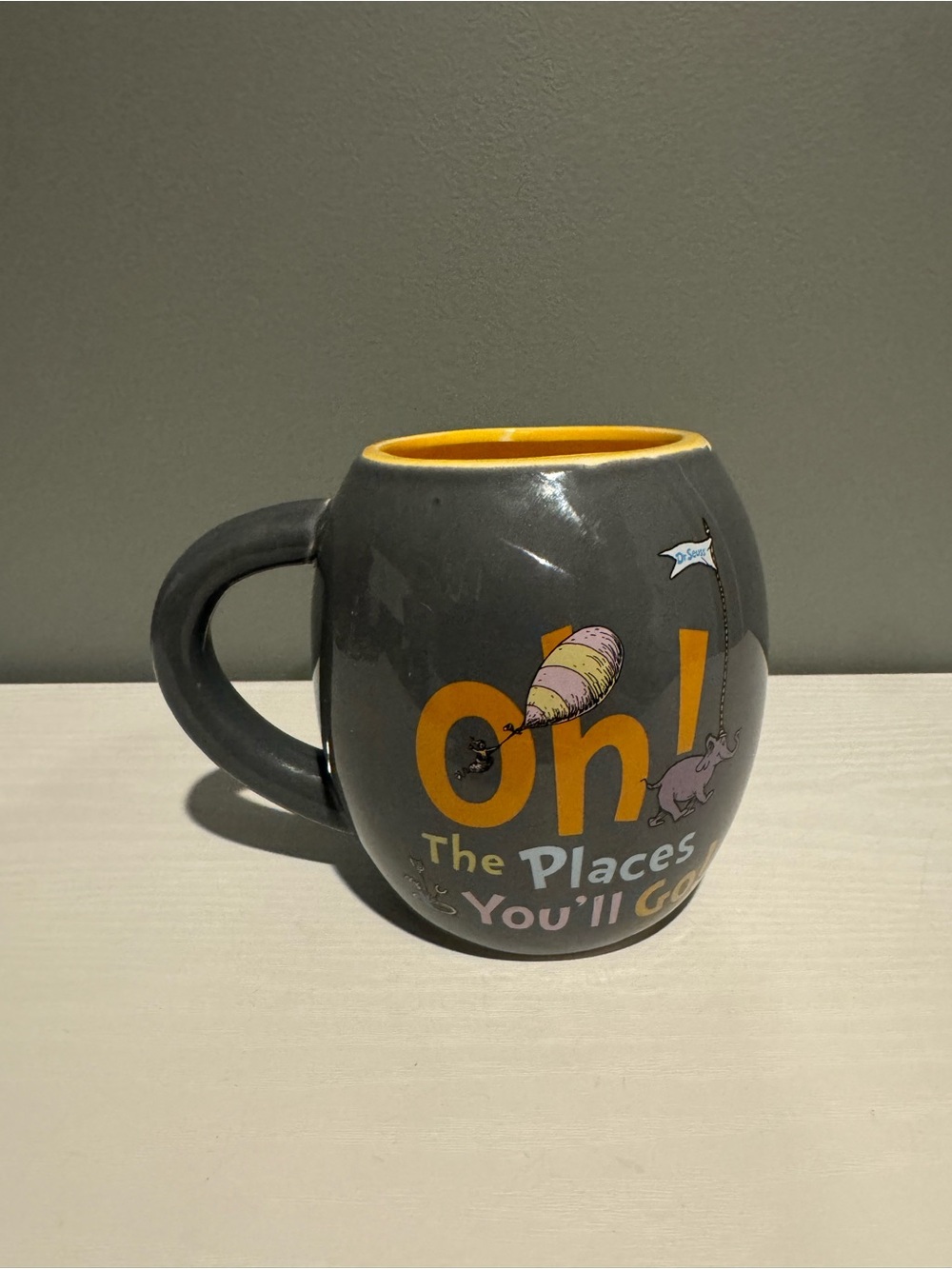 Dr. Seuss Gray Mug with Yellow Interior - "Oh! The Places You'll Go" Artwork